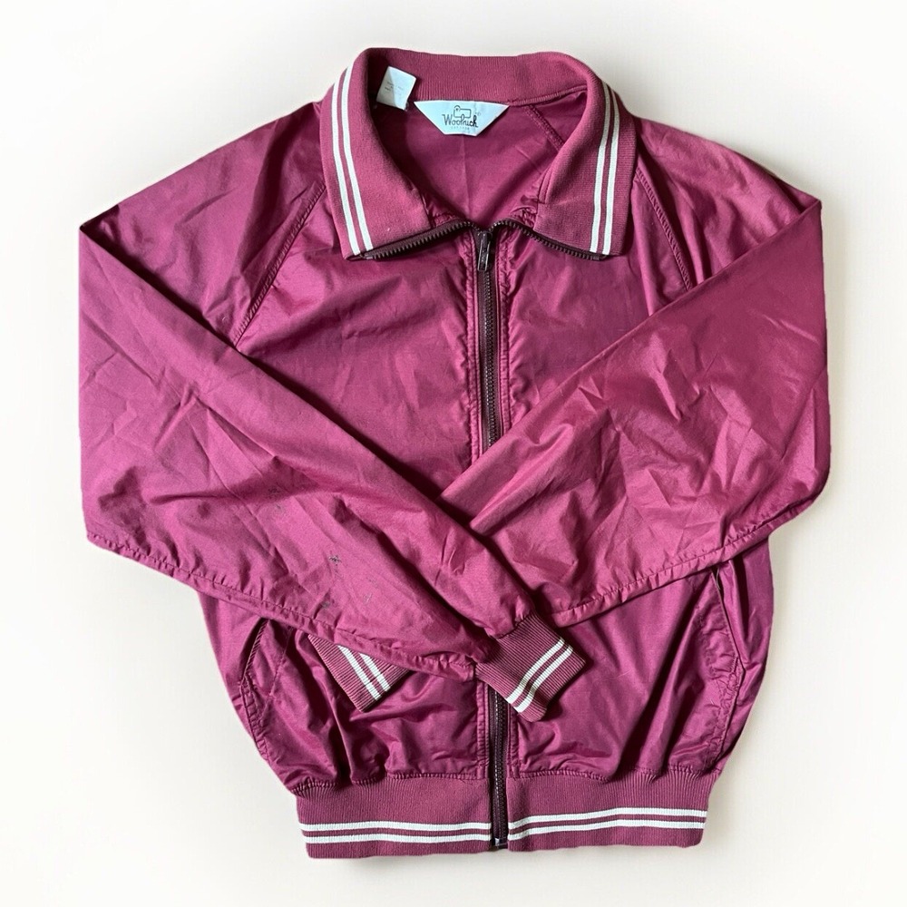 VINTAGE Woolrich Windbreaker Bomber Track Jacket Collared Red Maroon Med USA